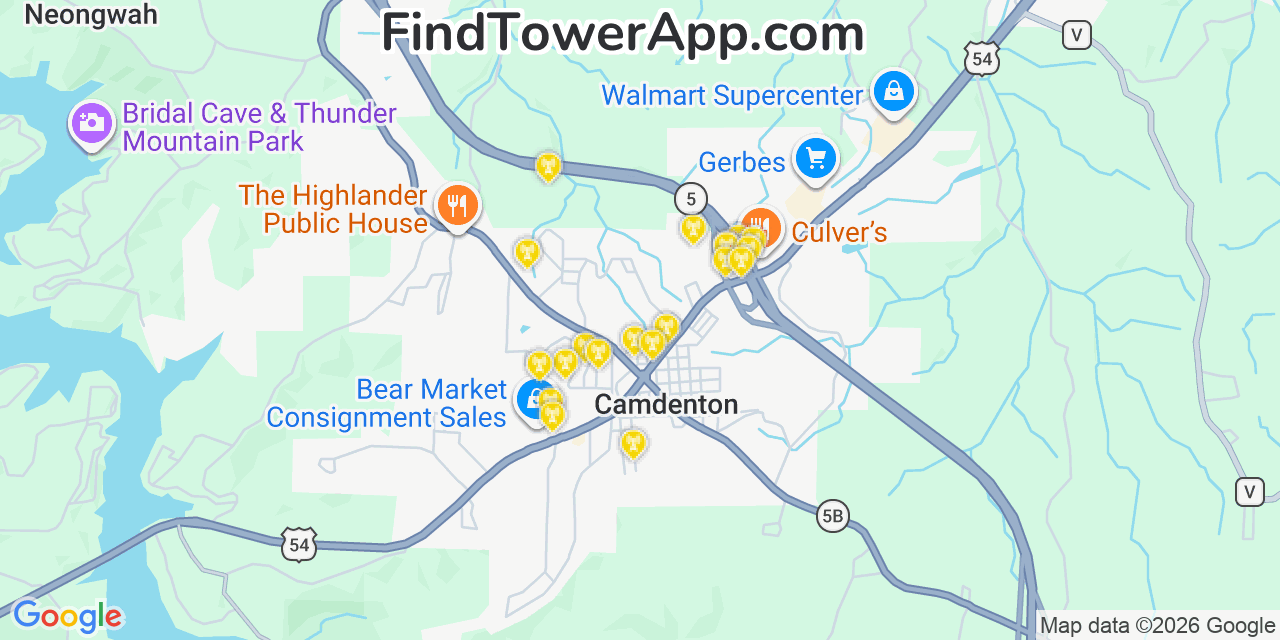Map showing the 20 primary cell tower locations detected in Camdenton, Missouri from AT&T, Verizon, and T-Mobile networks
