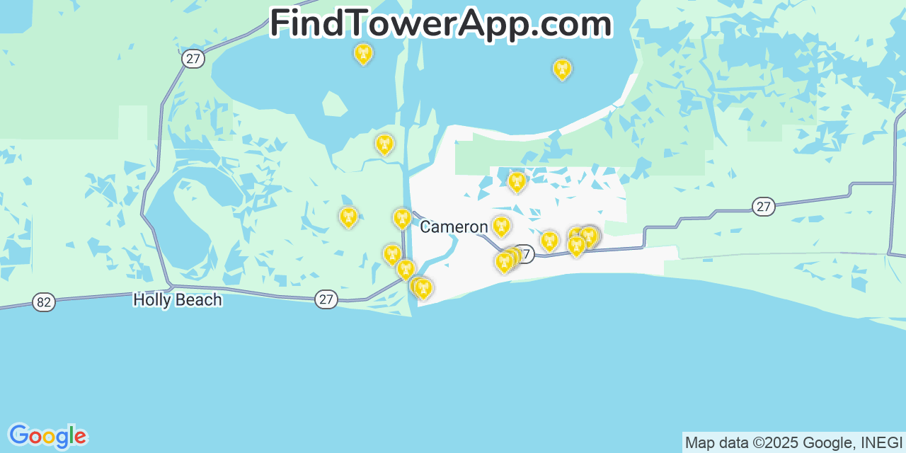 Map showing the 20 primary cell tower locations detected in Cameron, Louisiana from AT&T, Verizon, and T-Mobile networks