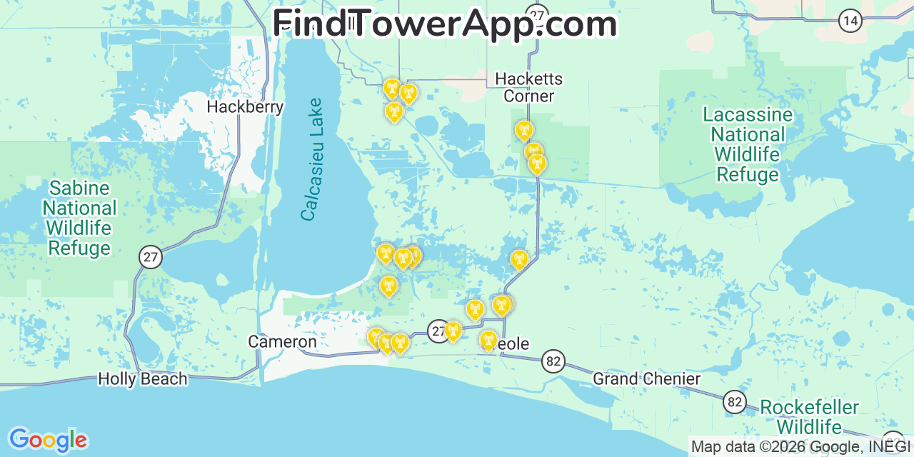 Map showing the 20 primary cell tower locations detected in Cameron, Louisiana from AT&T, Verizon, and T-Mobile networks