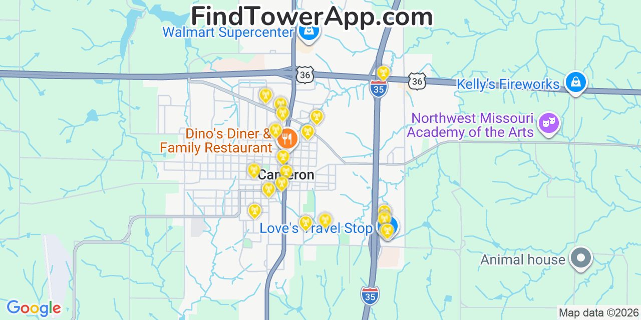 Map showing the 20 primary cell tower locations detected in Cameron, Missouri from AT&T, Verizon, and T-Mobile networks