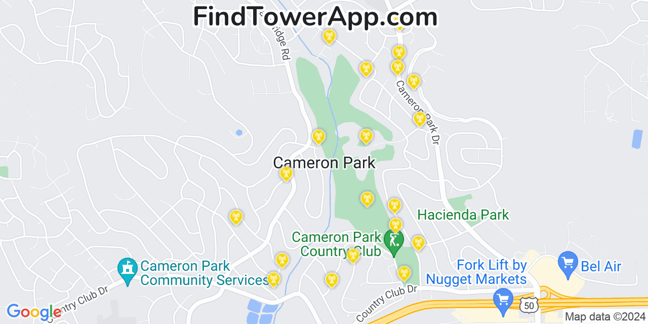 AT&T 4G/5G cell tower coverage map Cameron Park, California