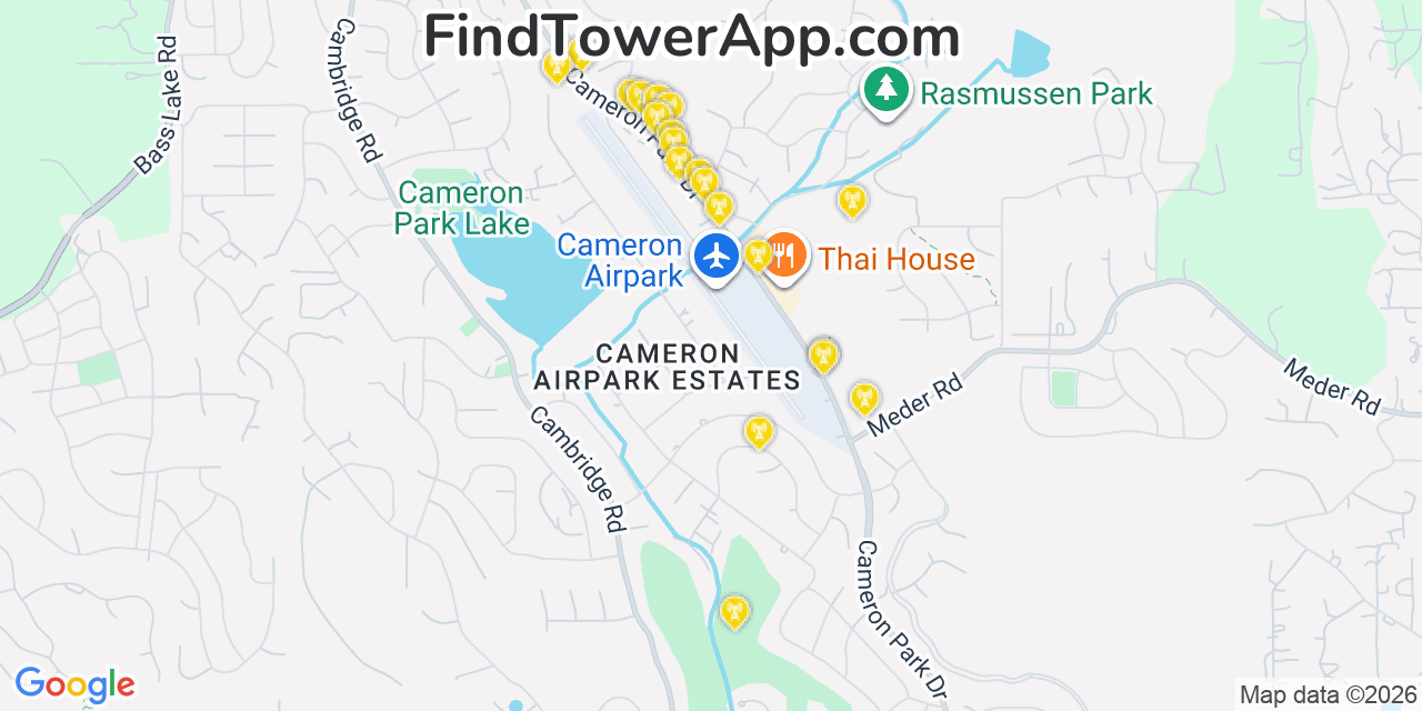 Map showing the 20 primary cell tower locations detected in Cameron Park, California from AT&T, Verizon, and T-Mobile networks