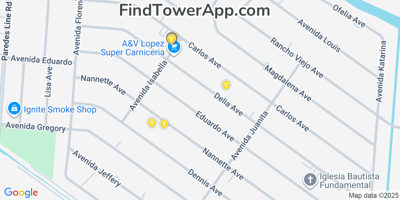 Map showing the 20 primary cell tower locations detected in Cameron Park Colonia, Texas from AT&T, Verizon, and T-Mobile networks