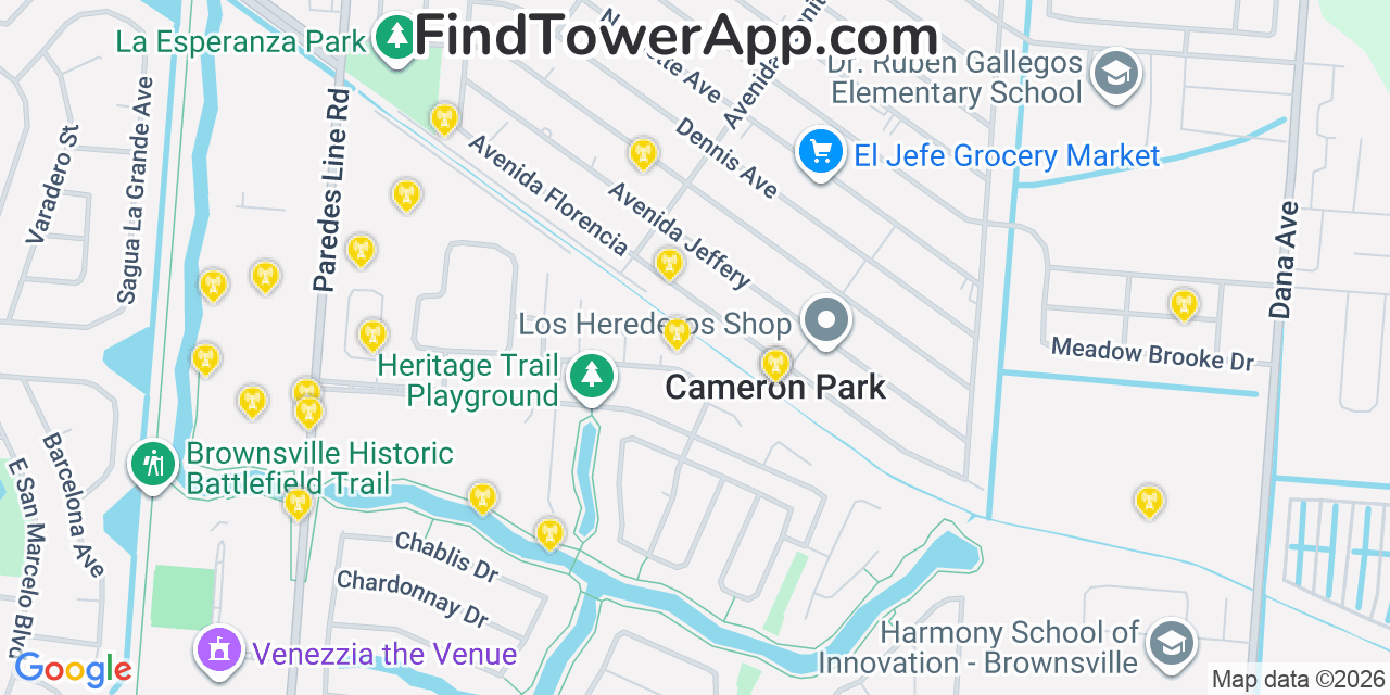 Map showing the 20 primary cell tower locations detected in Cameron Park Colonia, Texas from AT&T, Verizon, and T-Mobile networks