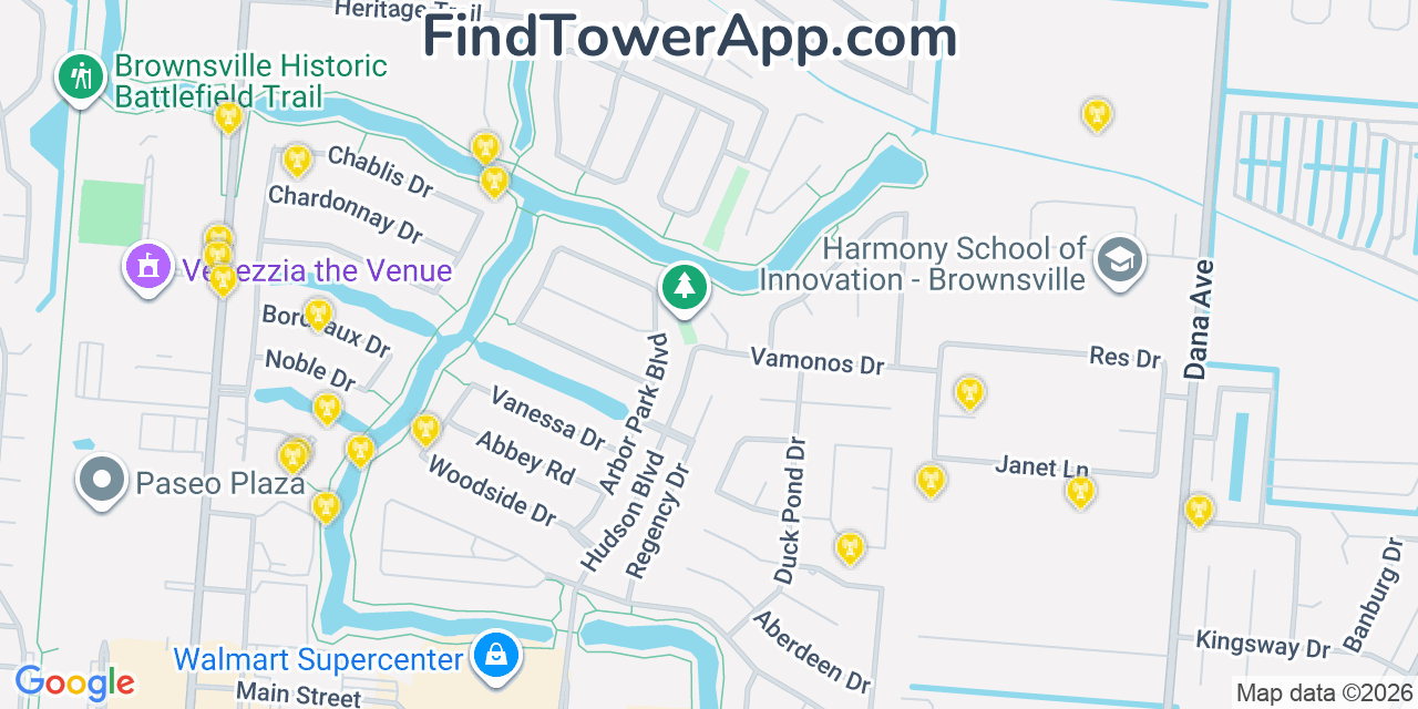 Map showing the 20 primary cell tower locations detected in Cameron Park, Texas from AT&T, Verizon, and T-Mobile networks
