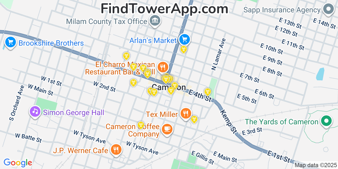 Map showing the 20 primary cell tower locations detected in Cameron, Texas from AT&T, Verizon, and T-Mobile networks