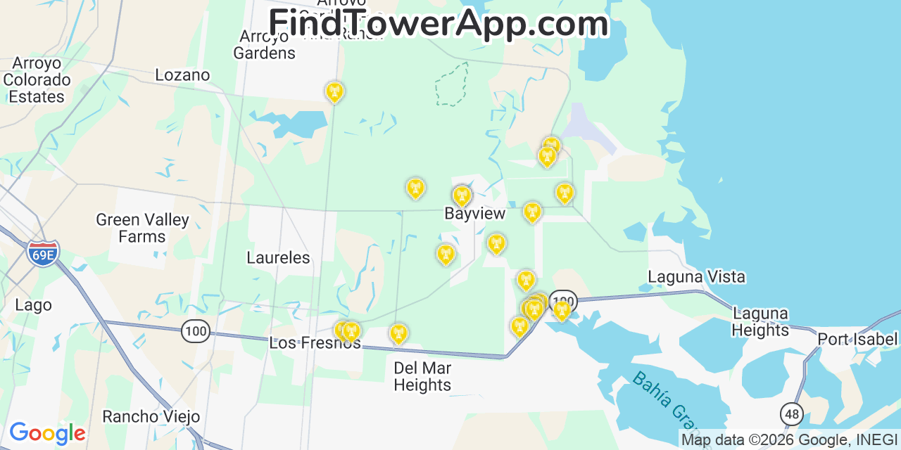Map showing the 20 primary cell tower locations detected in Cameron, Texas from AT&T, Verizon, and T-Mobile networks