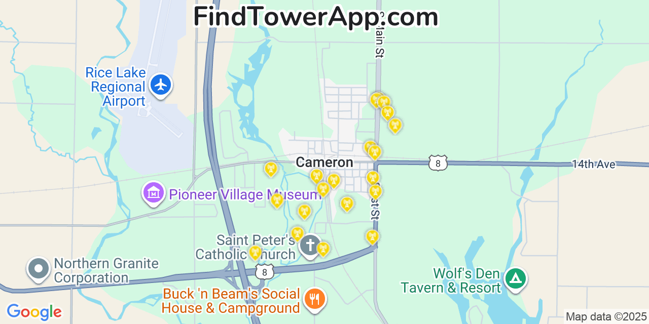 Map showing the 20 primary cell tower locations detected in Cameron, Wisconsin from AT&T, Verizon, and T-Mobile networks