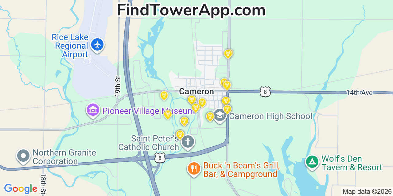 Map showing the 20 primary cell tower locations detected in Cameron, Wisconsin from AT&T, Verizon, and T-Mobile networks