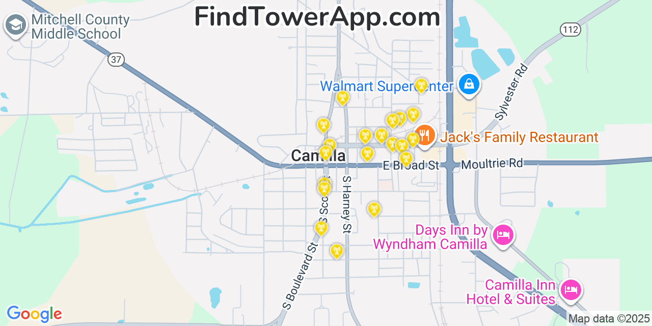 Map showing the 20 primary cell tower locations detected in Camilla, Georgia from AT&T, Verizon, and T-Mobile networks