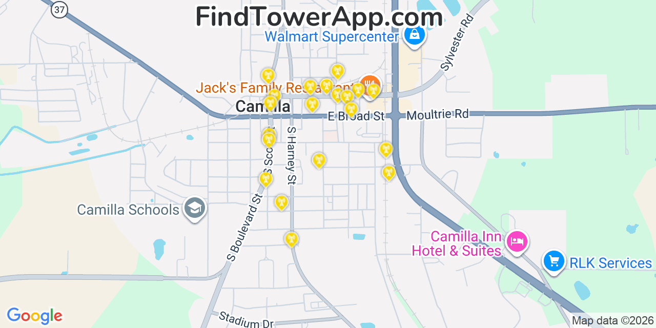 Map showing the 20 primary cell tower locations detected in Camilla, Georgia from AT&T, Verizon, and T-Mobile networks