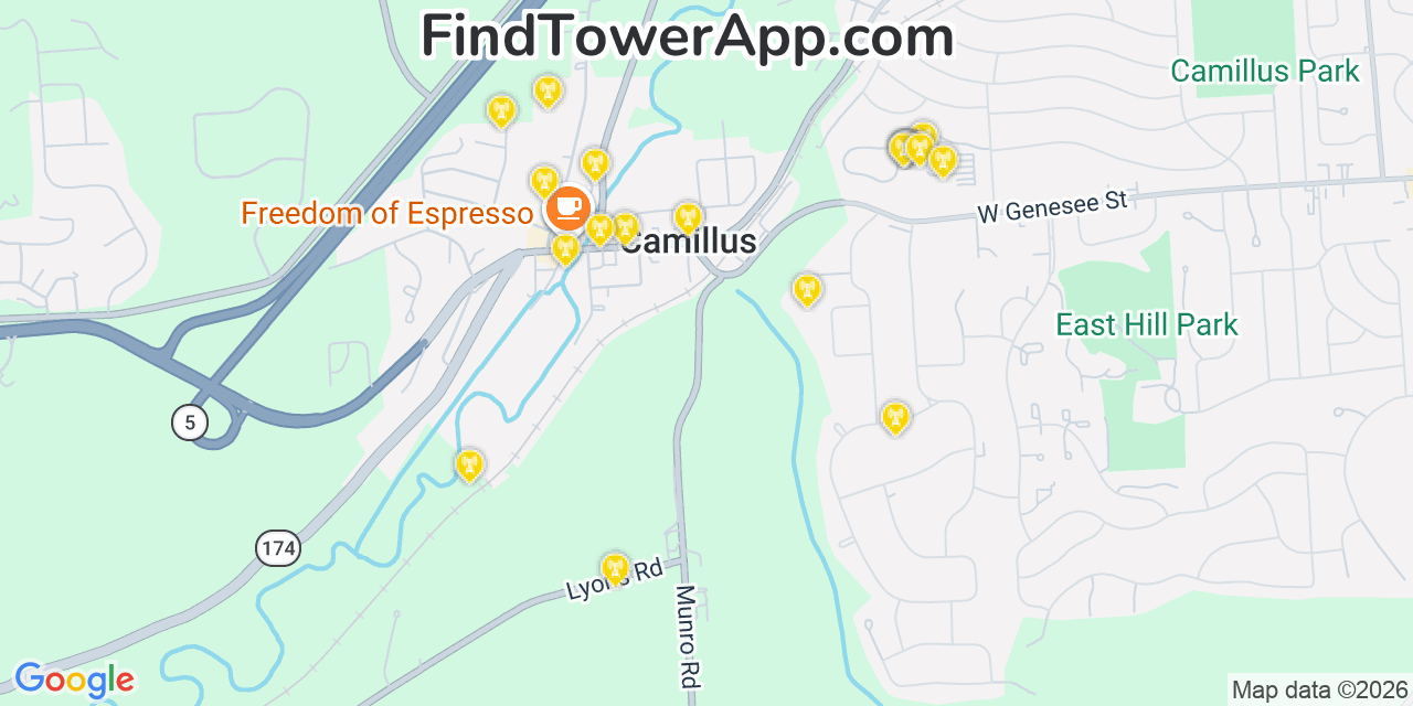 Map showing the 20 primary cell tower locations detected in Camillus, New York from AT&T, Verizon, and T-Mobile networks