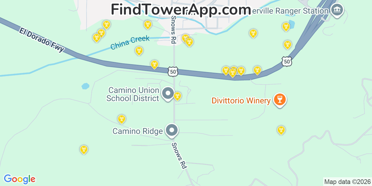 Map showing the 20 primary cell tower locations detected in Camino, California from AT&T, Verizon, and T-Mobile networks