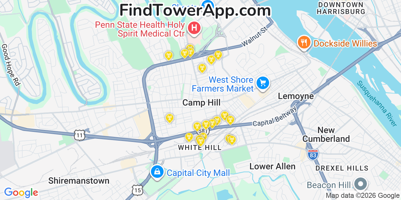 Map showing the 20 primary cell tower locations detected in Camp Hill, Pennsylvania from AT&T, Verizon, and T-Mobile networks