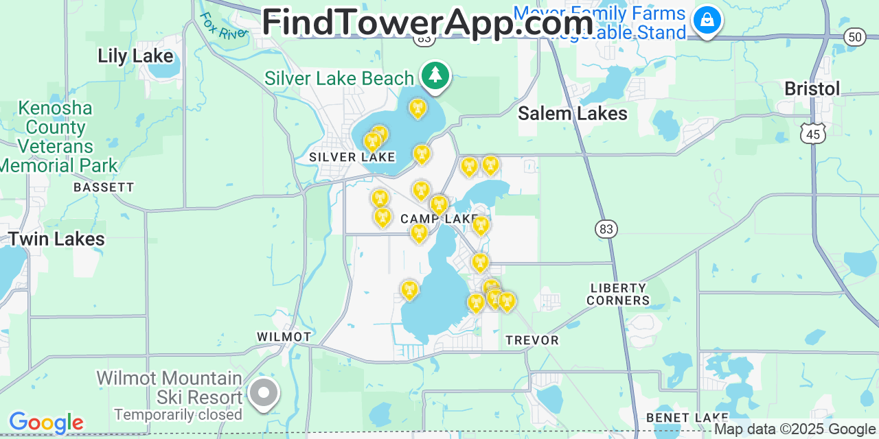 Map showing the 20 primary cell tower locations detected in Camp Lake, Wisconsin from AT&T, Verizon, and T-Mobile networks