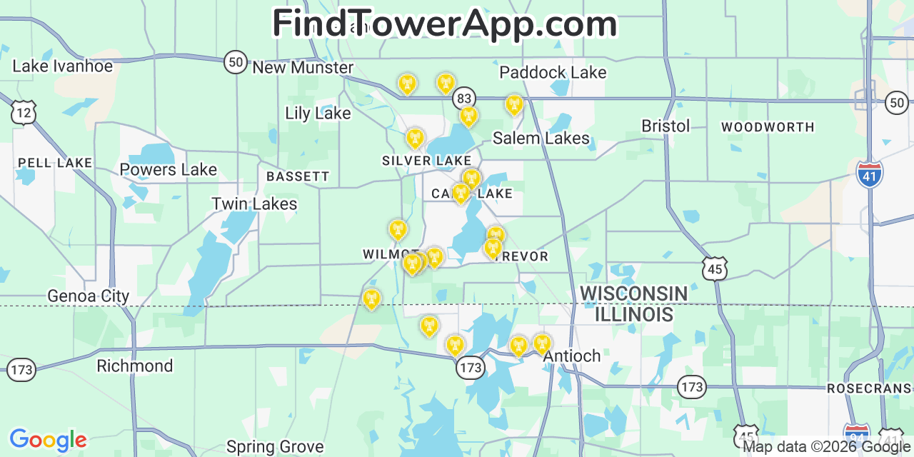 Map showing the 20 primary cell tower locations detected in Camp Lake, Wisconsin from AT&T, Verizon, and T-Mobile networks