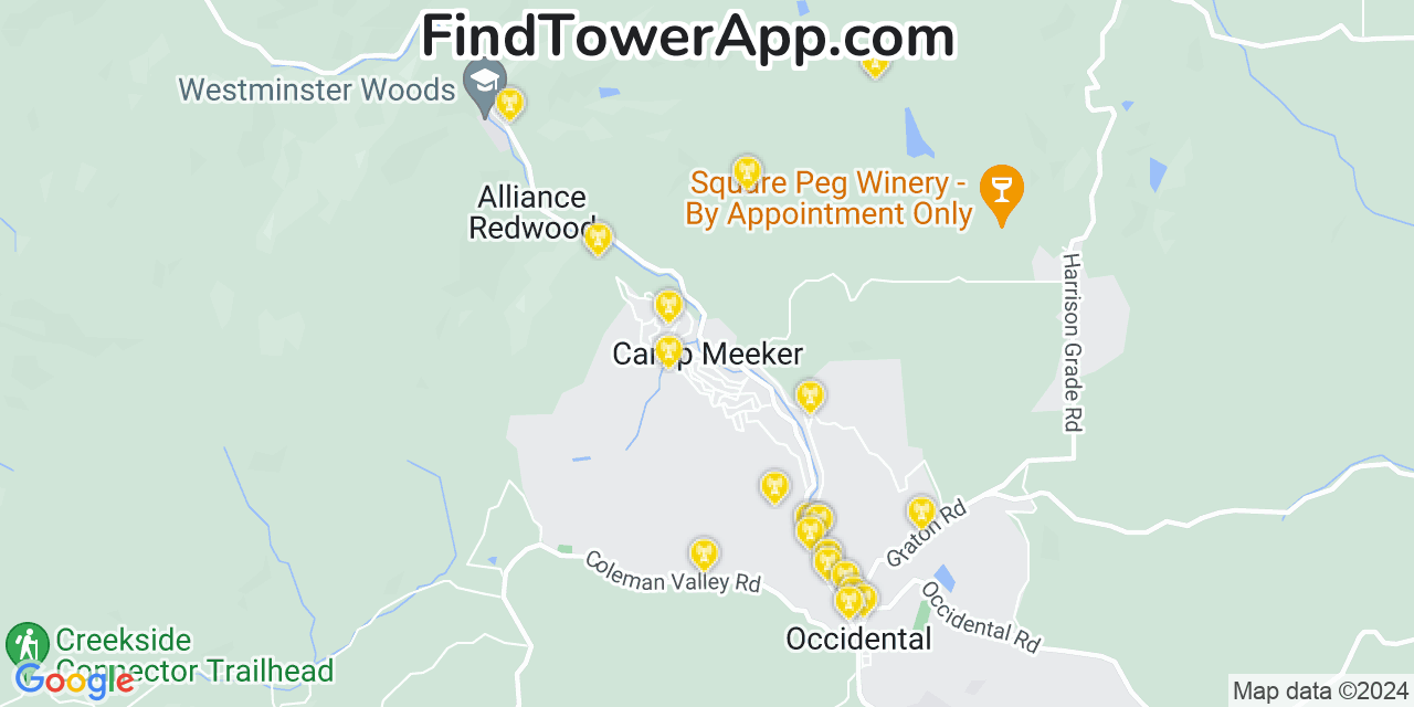 AT&T 4G/5G cell tower coverage map Camp Meeker, California