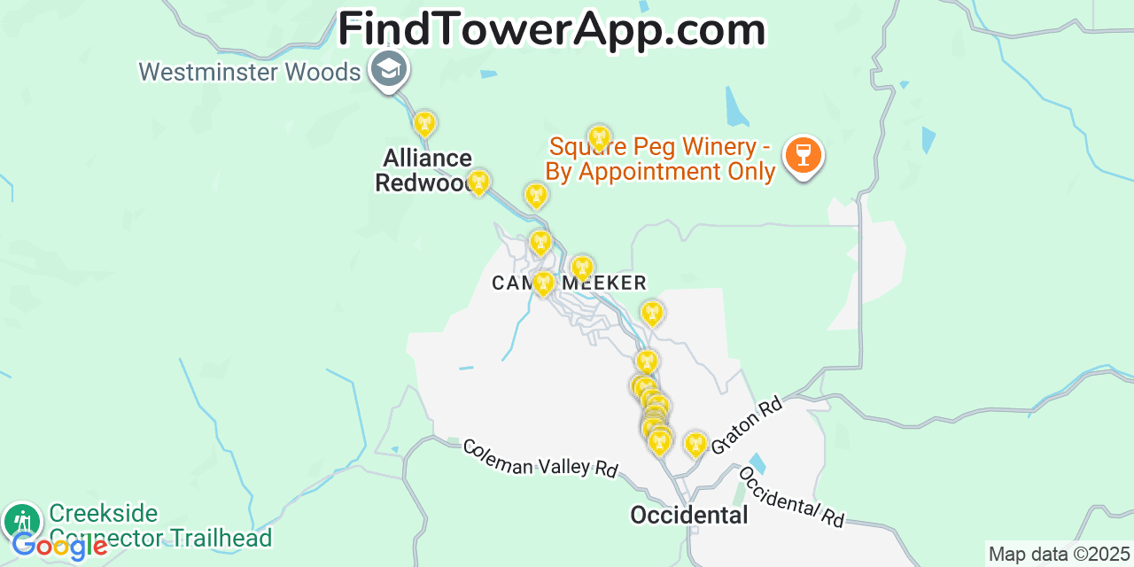 Map showing the 20 primary cell tower locations detected in Camp Meeker, California from AT&T, Verizon, and T-Mobile networks
