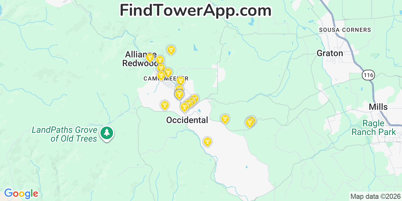 Map showing the 20 primary cell tower locations detected in Camp Meeker, California from AT&T, Verizon, and T-Mobile networks