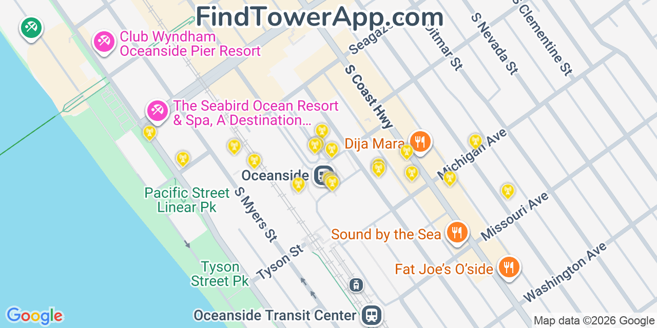 Map showing the 20 primary cell tower locations detected in Camp Pendleton North, California from AT&T, Verizon, and T-Mobile networks