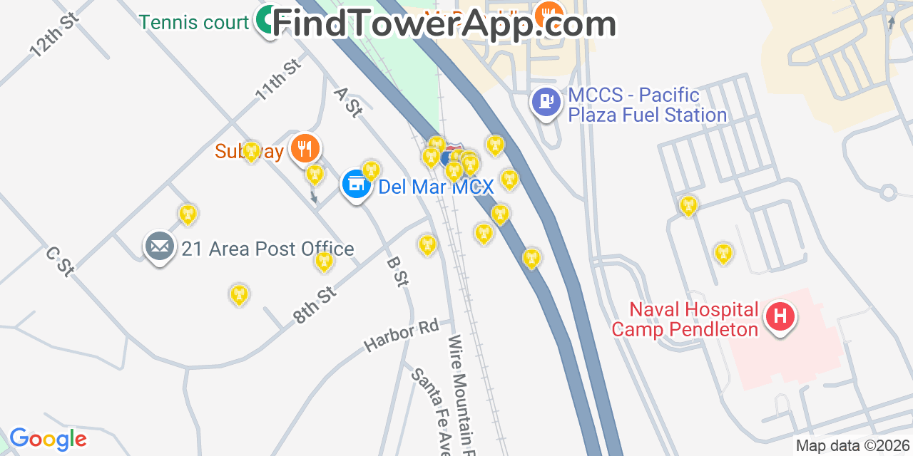 Map showing the 20 primary cell tower locations detected in Camp Pendleton South, California from AT&T, Verizon, and T-Mobile networks
