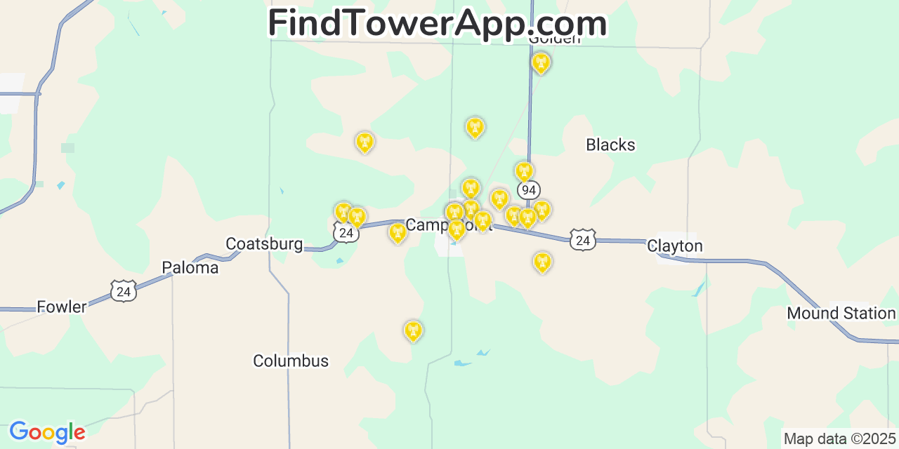 Map showing the 20 primary cell tower locations detected in Camp Point, Illinois from AT&T, Verizon, and T-Mobile networks