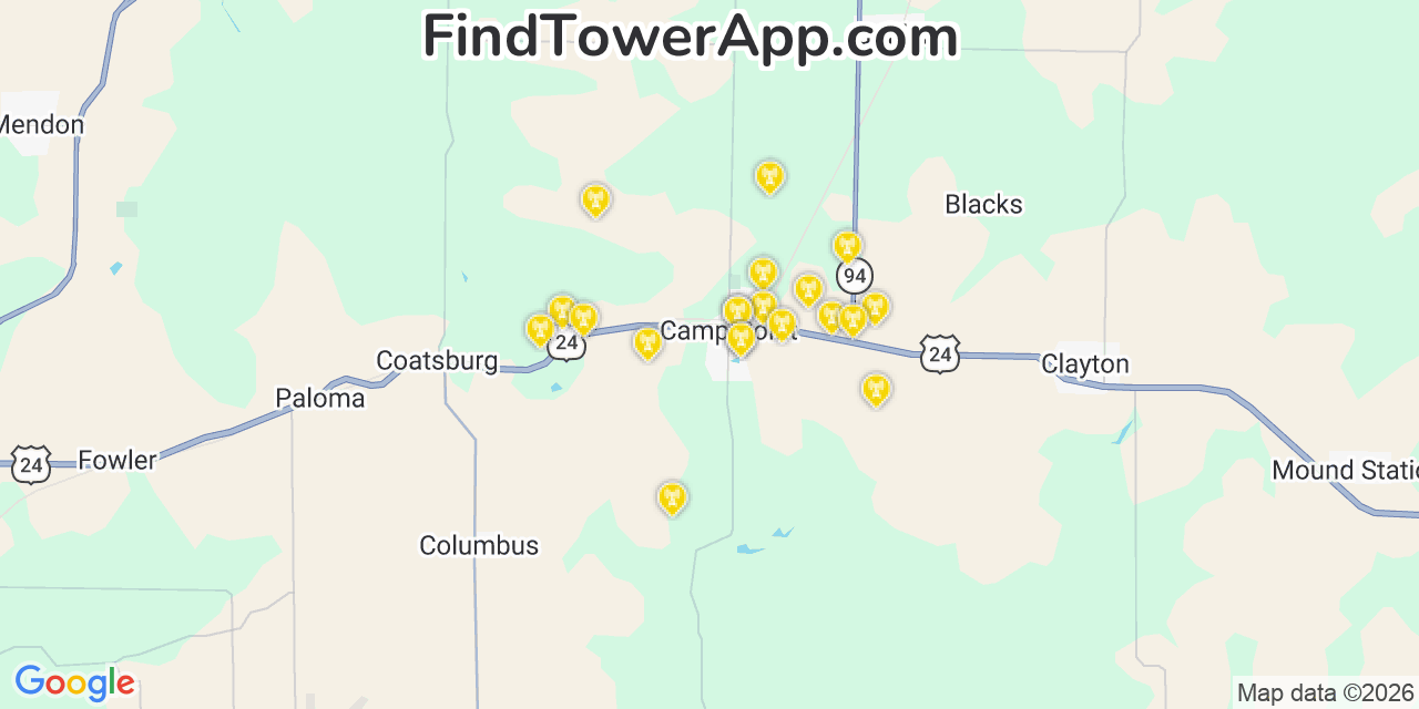 Map showing the 20 primary cell tower locations detected in Camp Point, Illinois from AT&T, Verizon, and T-Mobile networks