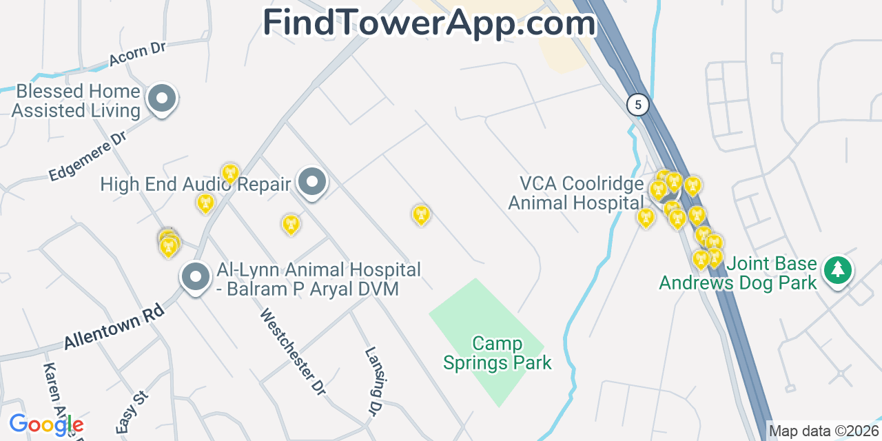 Map showing the 20 primary cell tower locations detected in Camp Springs, Maryland from AT&T, Verizon, and T-Mobile networks