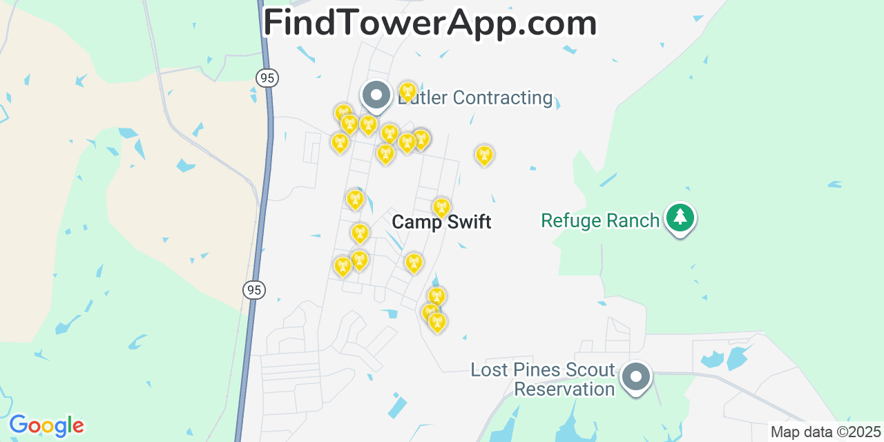 Map showing the 20 primary cell tower locations detected in Camp Swift, Texas from AT&T, Verizon, and T-Mobile networks