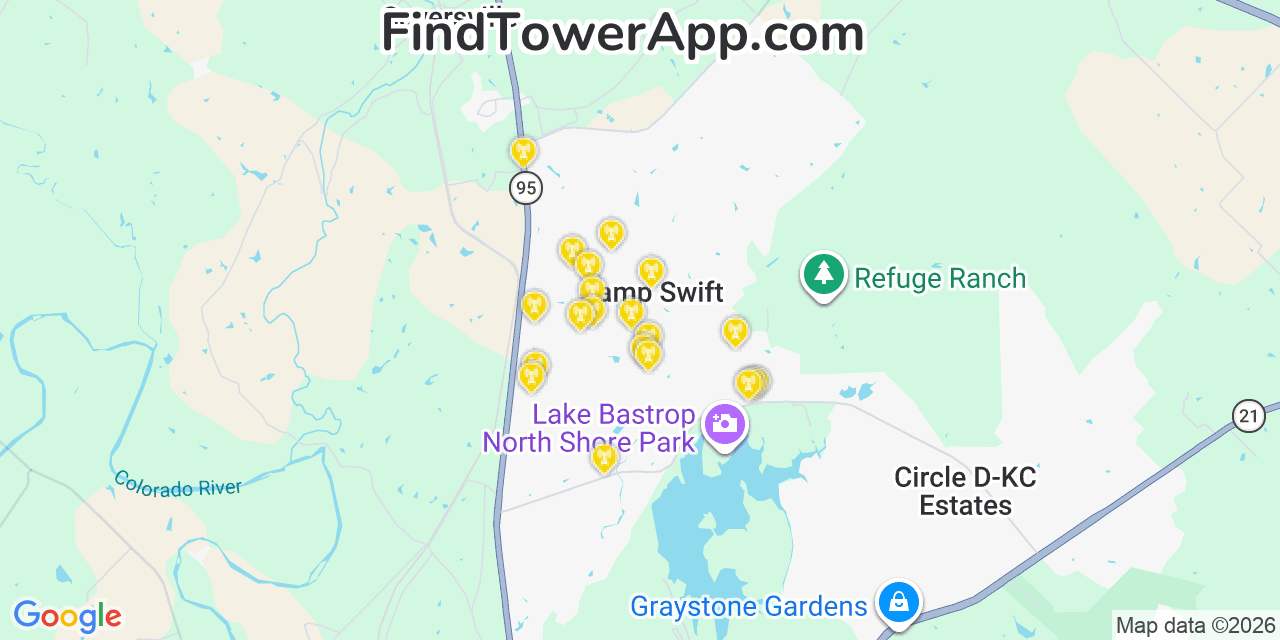 Map showing the 20 primary cell tower locations detected in Camp Swift, Texas from AT&T, Verizon, and T-Mobile networks