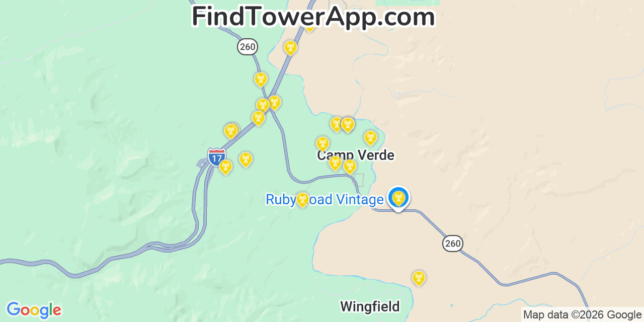 Map showing the 20 primary cell tower locations detected in Camp Verde, Arizona from AT&T, Verizon, and T-Mobile networks