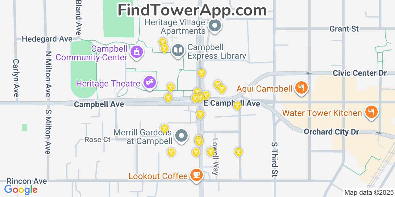 Map showing the 20 primary cell tower locations detected in Campbell, California from AT&T, Verizon, and T-Mobile networks