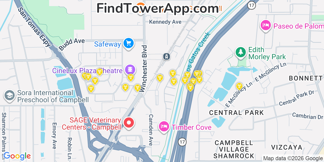 Map showing the 20 primary cell tower locations detected in Campbell, California from AT&T, Verizon, and T-Mobile networks