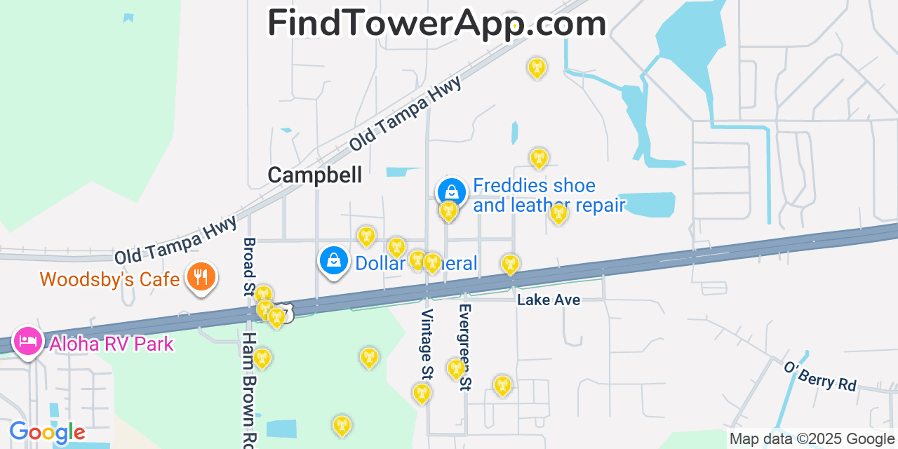 Map showing the 20 primary cell tower locations detected in Campbell, Florida from AT&T, Verizon, and T-Mobile networks