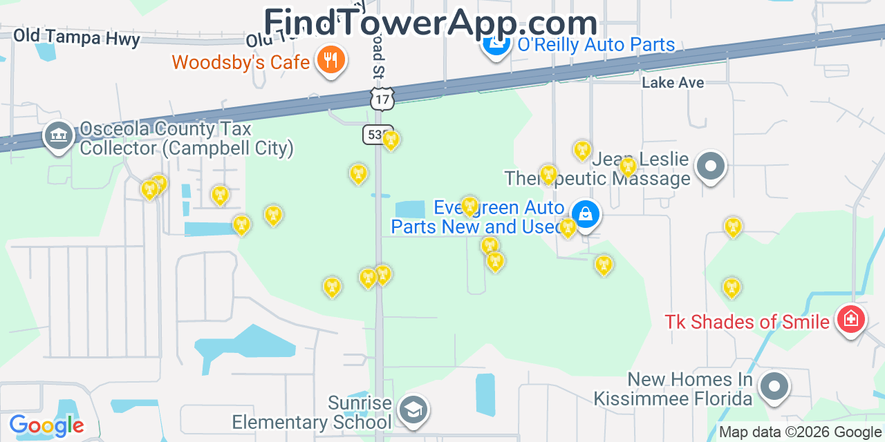 Map showing the 20 primary cell tower locations detected in Campbell, Florida from AT&T, Verizon, and T-Mobile networks