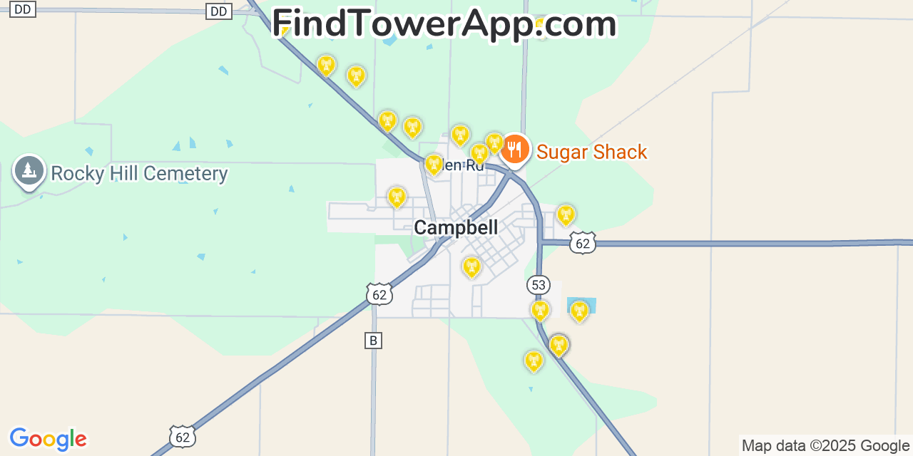 Map showing the 20 primary cell tower locations detected in Campbell, Missouri from AT&T, Verizon, and T-Mobile networks