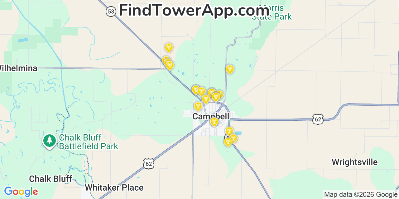 Map showing the 20 primary cell tower locations detected in Campbell, Missouri from AT&T, Verizon, and T-Mobile networks