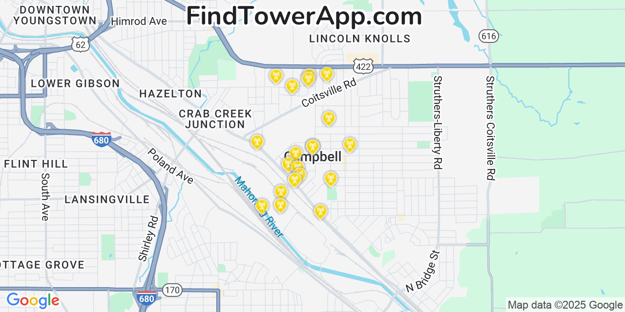 Map showing the 20 primary cell tower locations detected in Campbell, Ohio from AT&T, Verizon, and T-Mobile networks