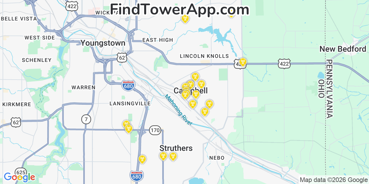 Map showing the 20 primary cell tower locations detected in Campbell, Ohio from AT&T, Verizon, and T-Mobile networks