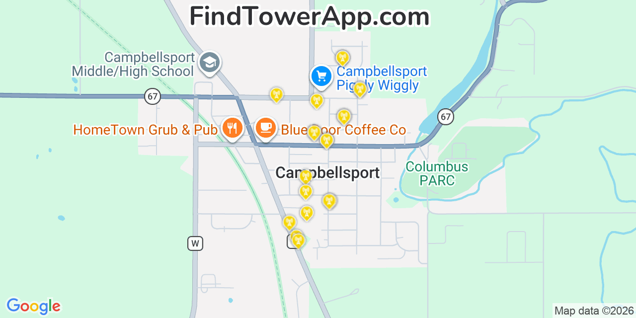 Map showing the 20 primary cell tower locations detected in Campbellsport, Wisconsin from AT&T, Verizon, and T-Mobile networks