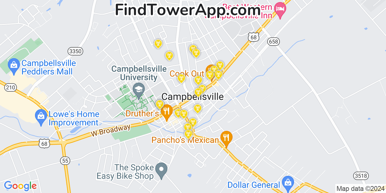 AT&T 4G/5G cell tower coverage map Campbellsville, Kentucky