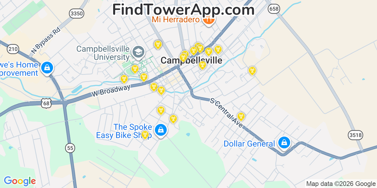 Map showing the 20 primary cell tower locations detected in Campbellsville, Kentucky from AT&T, Verizon, and T-Mobile networks