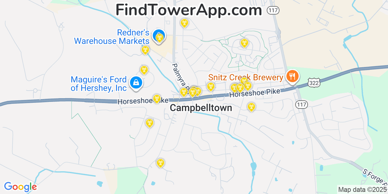Map showing the 20 primary cell tower locations detected in Campbelltown, Pennsylvania from AT&T, Verizon, and T-Mobile networks