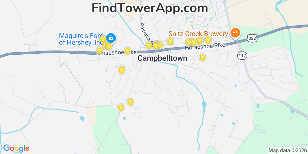 Map showing the 20 primary cell tower locations detected in Campbelltown, Pennsylvania from AT&T, Verizon, and T-Mobile networks