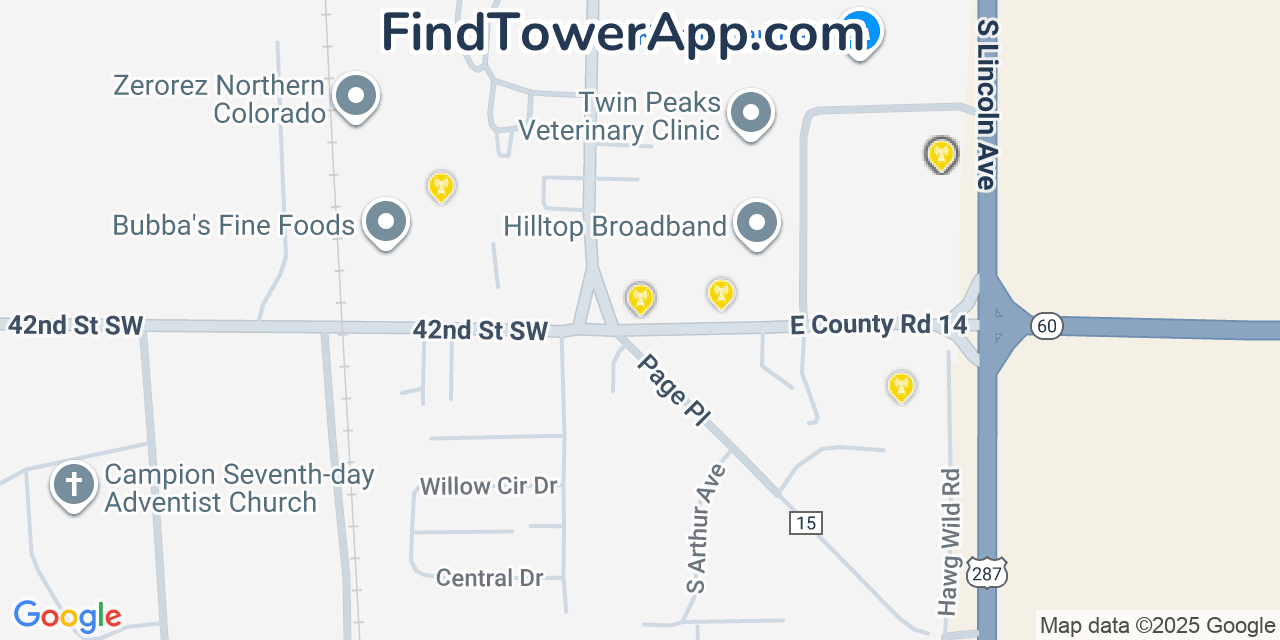 Map showing the 20 primary cell tower locations detected in Campion, Colorado from AT&T, Verizon, and T-Mobile networks