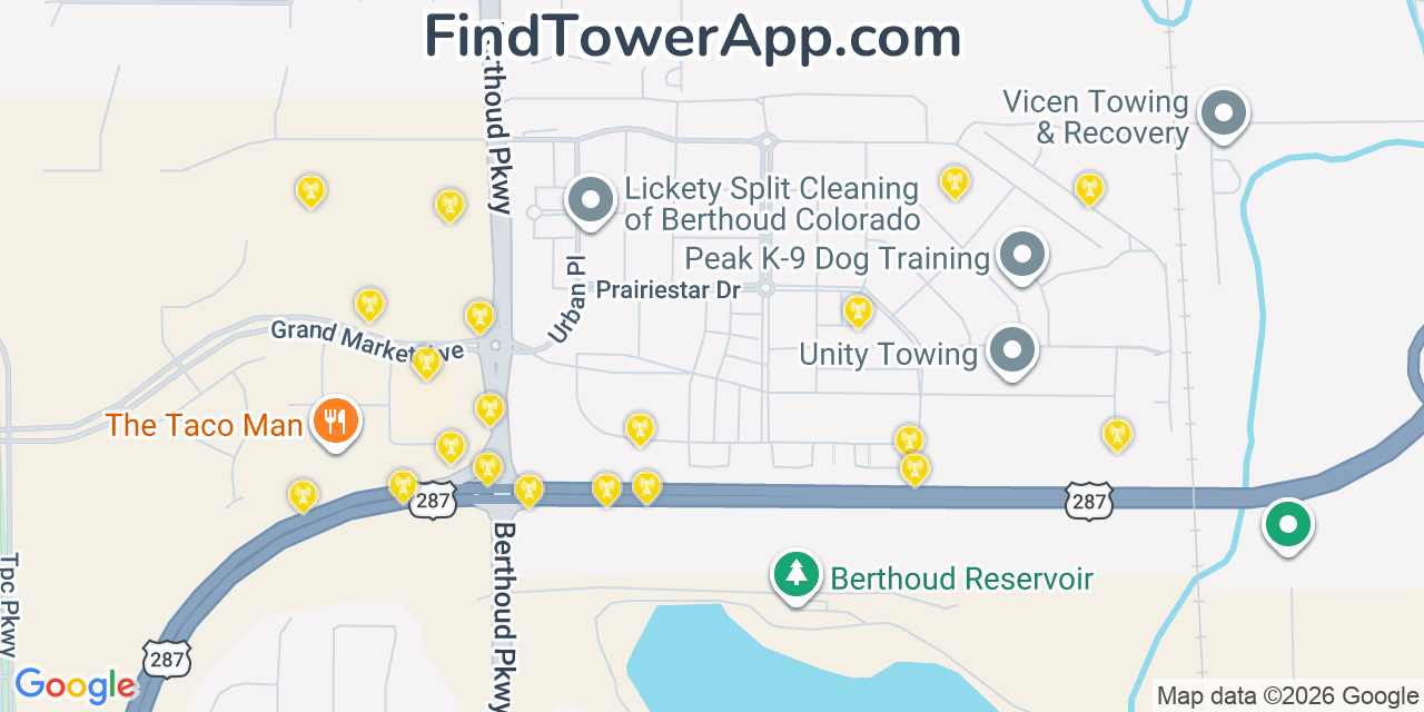Map showing the 20 primary cell tower locations detected in Campion, Colorado from AT&T, Verizon, and T-Mobile networks