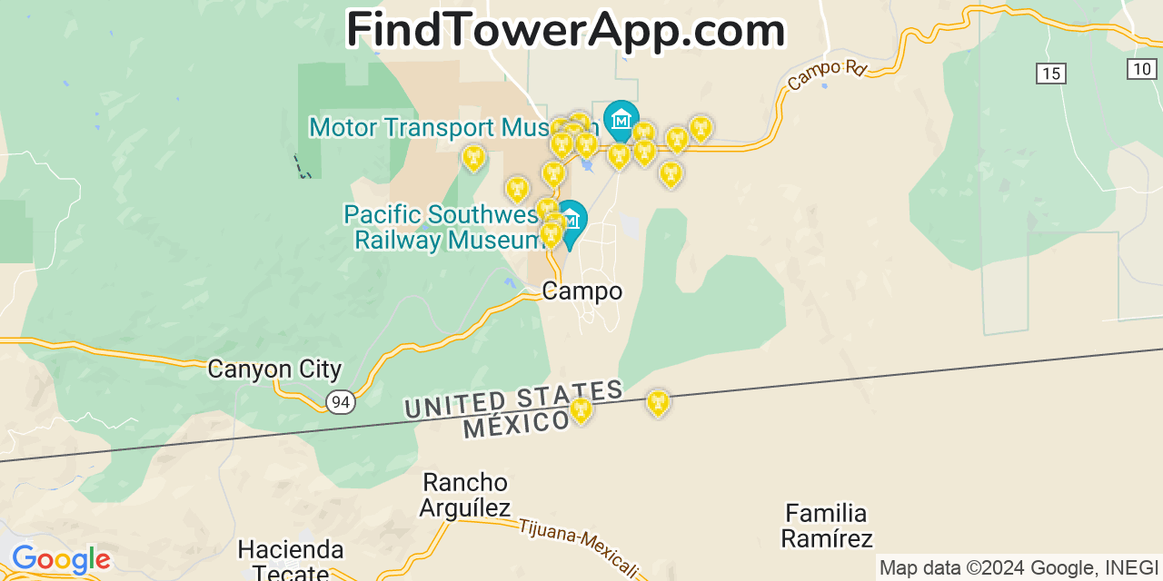 AT&T 4G/5G cell tower coverage map Campo, California