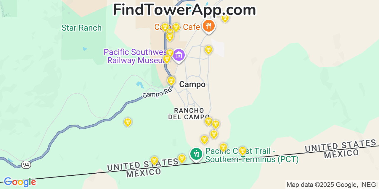 Map showing the 20 primary cell tower locations detected in Campo, California from AT&T, Verizon, and T-Mobile networks