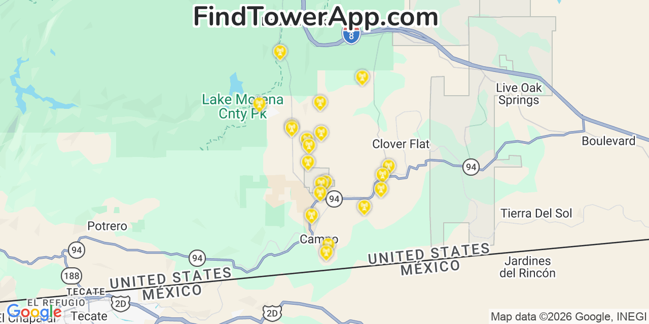 Map showing the 20 primary cell tower locations detected in Campo, California from AT&T, Verizon, and T-Mobile networks