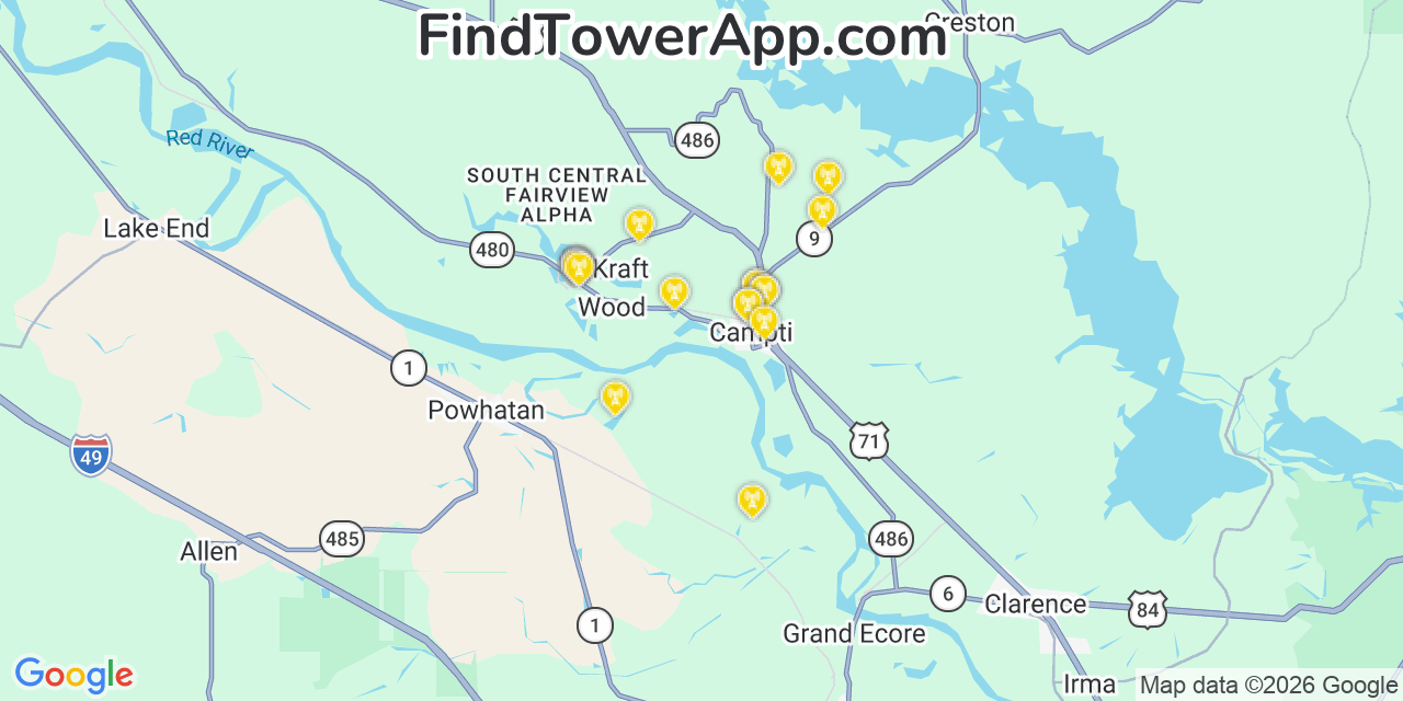 Map showing the 20 primary cell tower locations detected in Campti, Louisiana from AT&T, Verizon, and T-Mobile networks